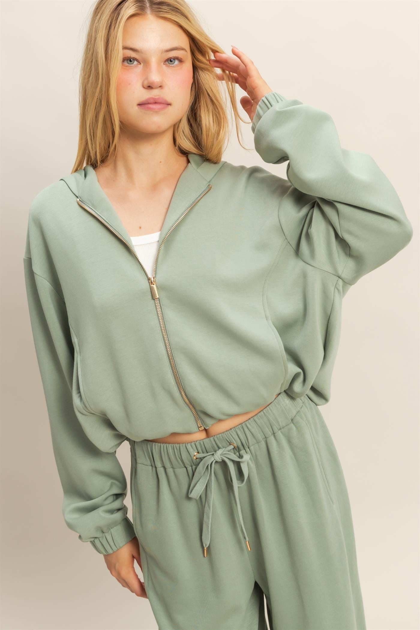  Nora Drawstring Hem Hoodie, Sage Green