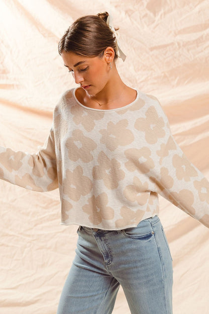  Shiloh Loose Fit Flower Sweater, Oatmeal/Ivory