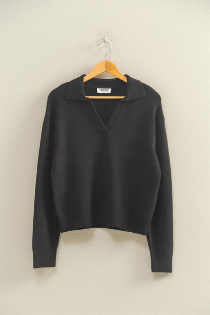  Luna Collared V-Neck Sweater, Black