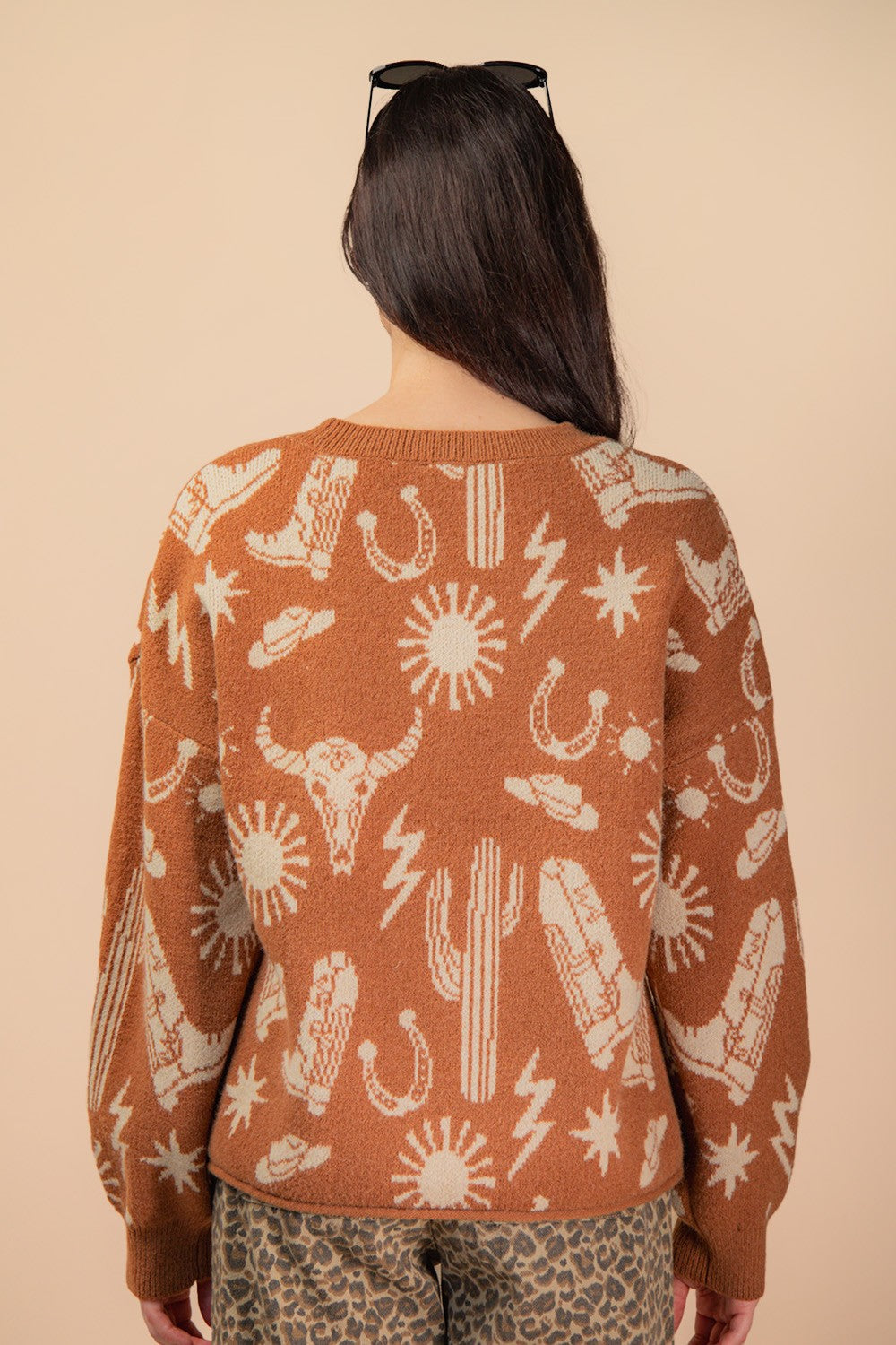  Halle Western Graphic Oversized Sweater, Camel