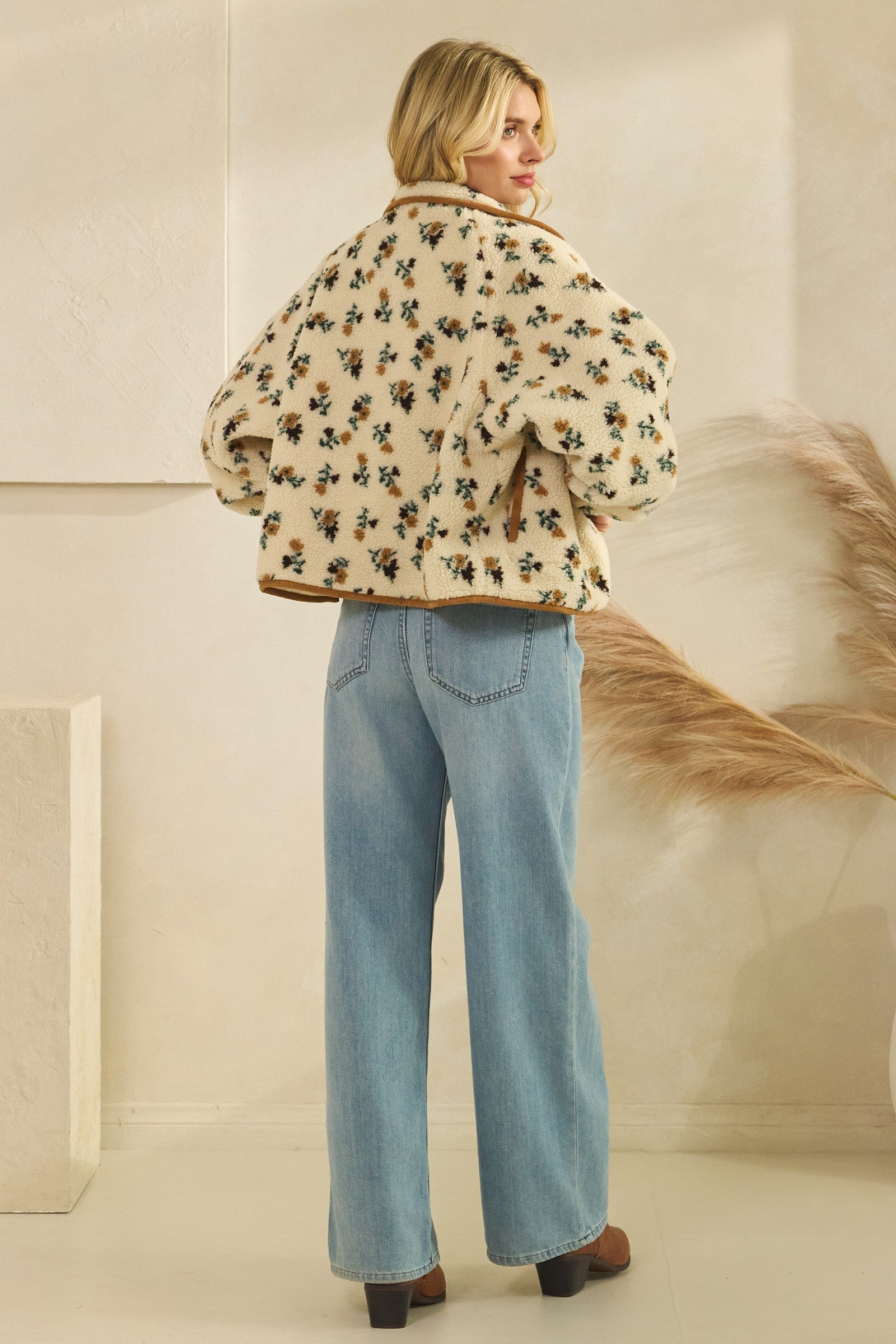  Flora Printed Sherpa Jacket, Brown