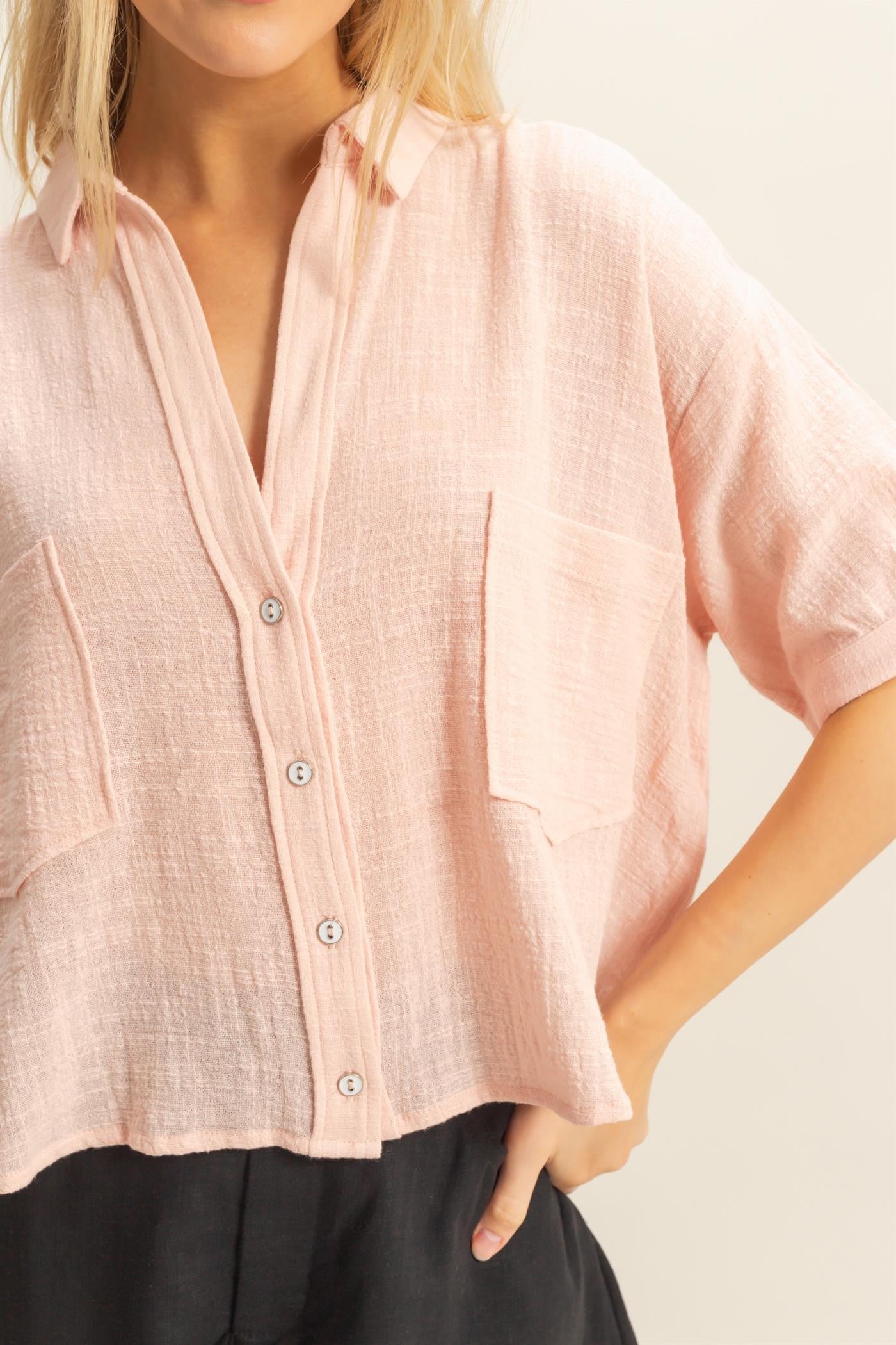  Janelle Cotton Gauze Crop Shirt, Light Pink