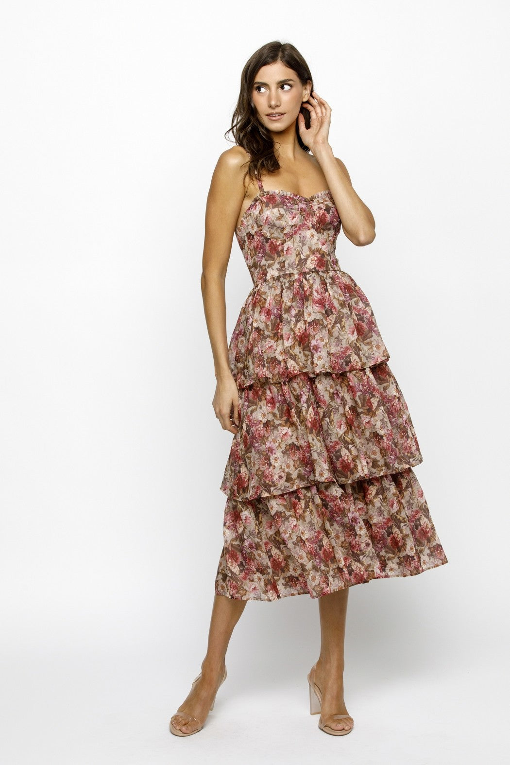  Scottie Tiered Ruffle Dress, Beige/Pink Floral