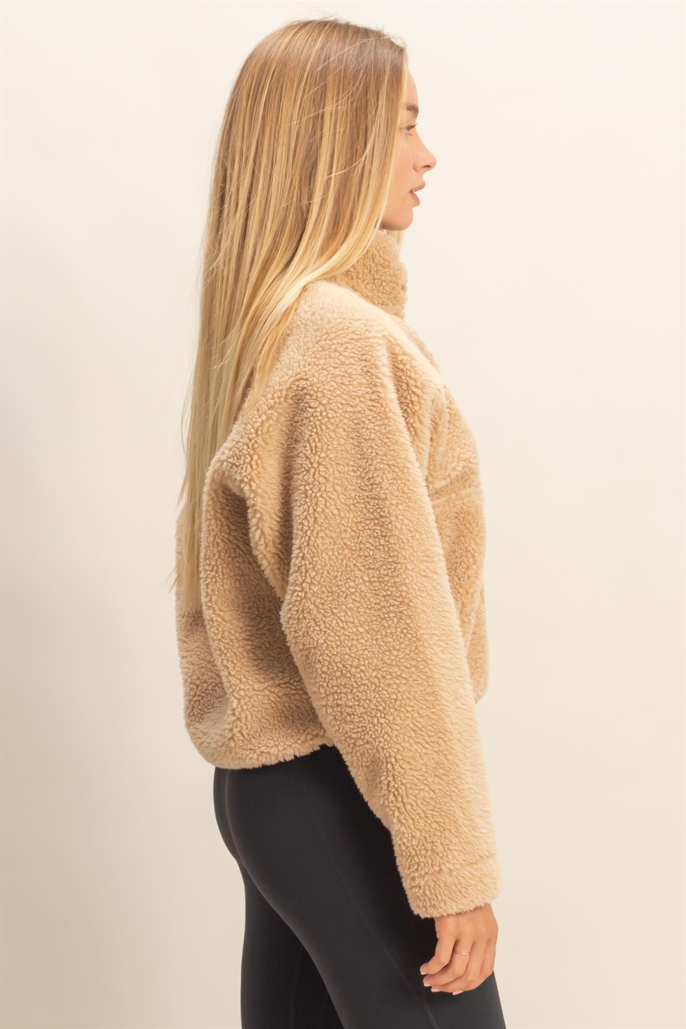  Aria Sherpa Button Neck Jacket, Beige