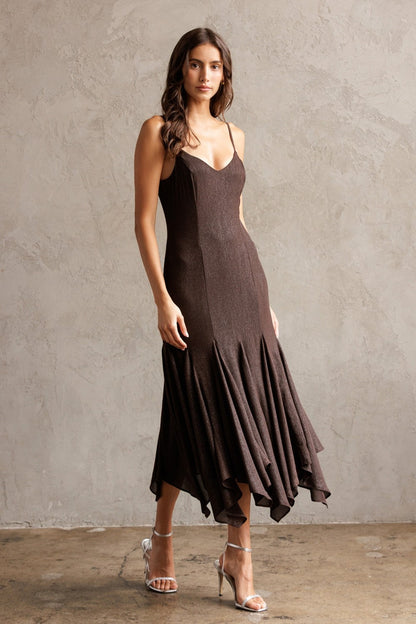  Phoebe Shimmering Asymmetric Hem Dress, Brown