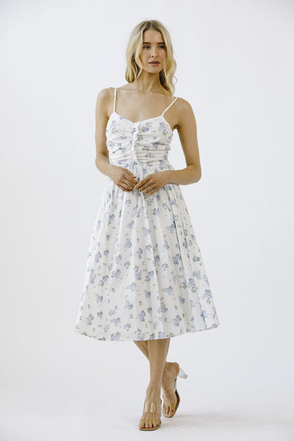  Miller Rose Print A-Line Dress, White/Blue Floral