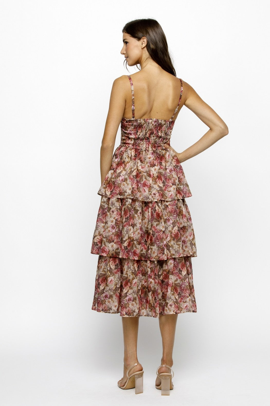  Scottie Tiered Ruffle Dress, Beige/Pink Floral