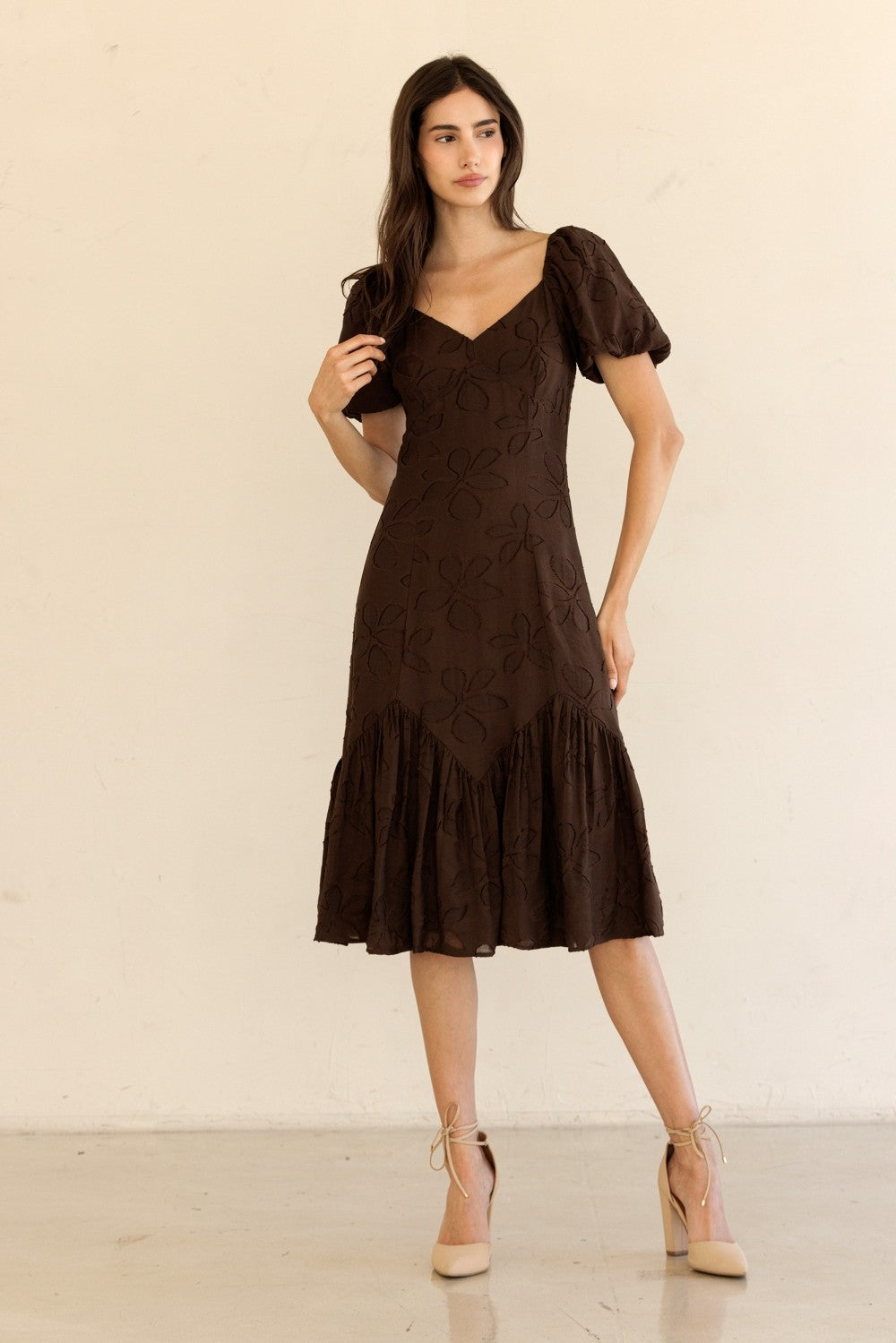  Ana Mesh Flower Midi Dress, Brown