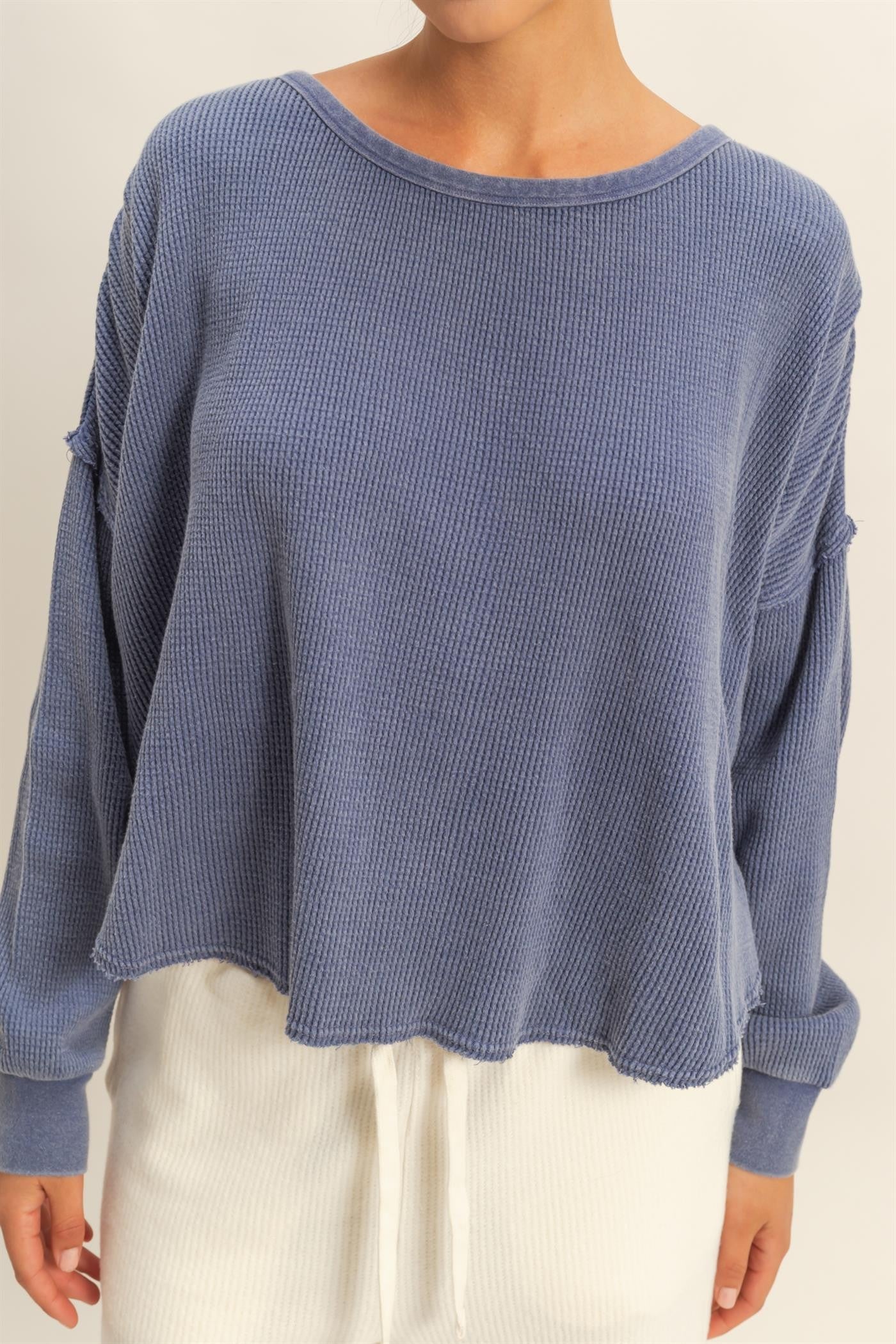  Marlowe Boat Neck Raw Edge Top, Dusty Indigo