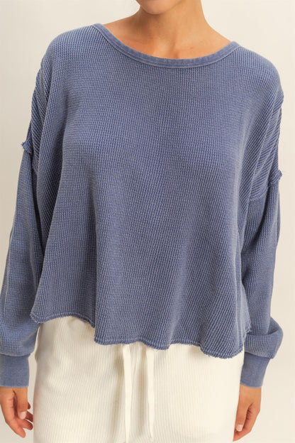  Marlowe Boat Neck Raw Edge Top, Dusty Indigo