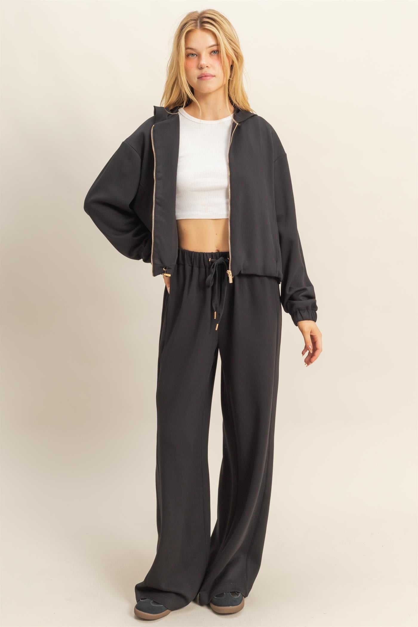  Nora Drawstring Hem Hoodie, Black