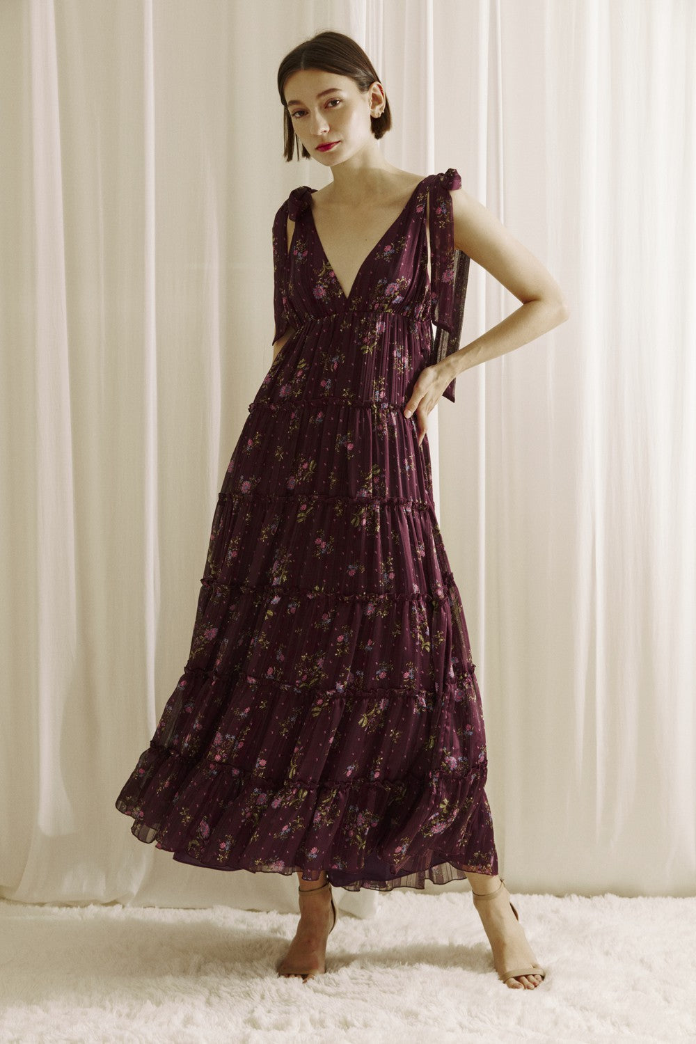  Gigi Tie Strap Printed Maxi Dress, Plum Multi Floral
