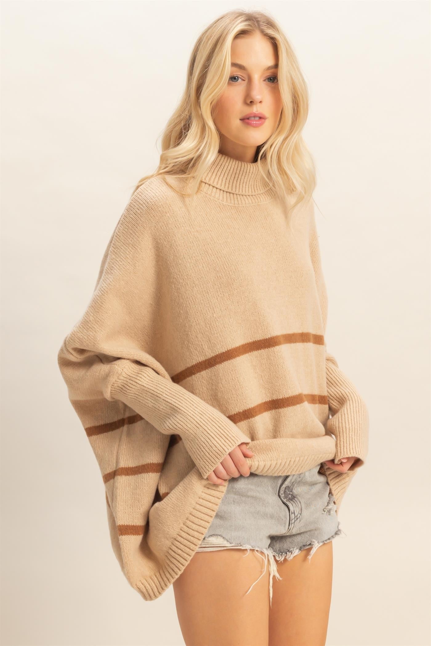  Myra Striped Turtleneck Sweater, Light Taupe