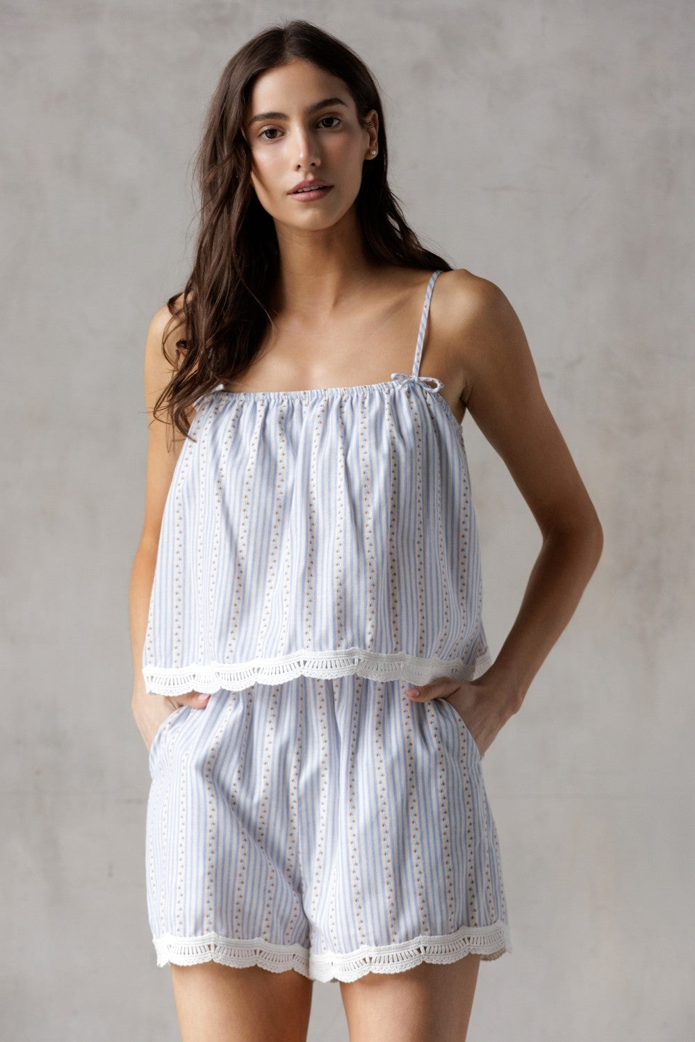  Sofia Floral Pinstripe Lace Hem Shorts, Blue/White/Orange