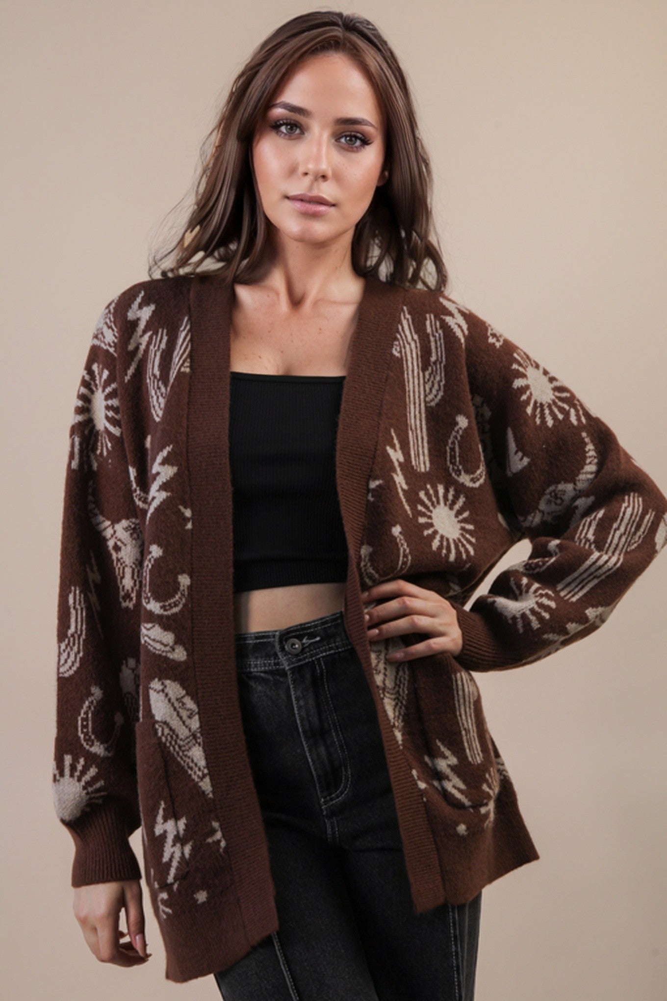  Alina Oversized Western Print Cardigan, Chocolate