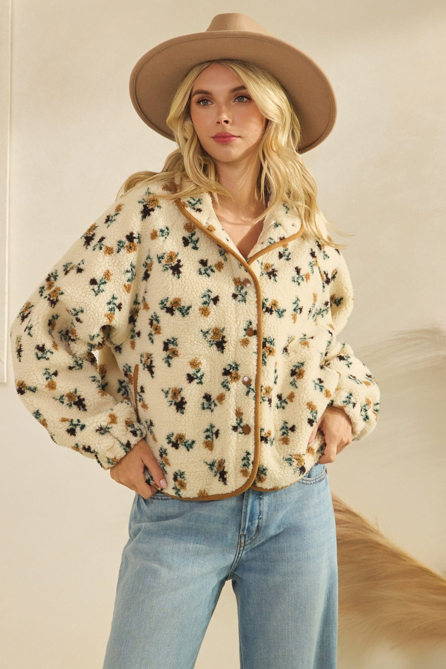  Flora Printed Sherpa Jacket, Brown
