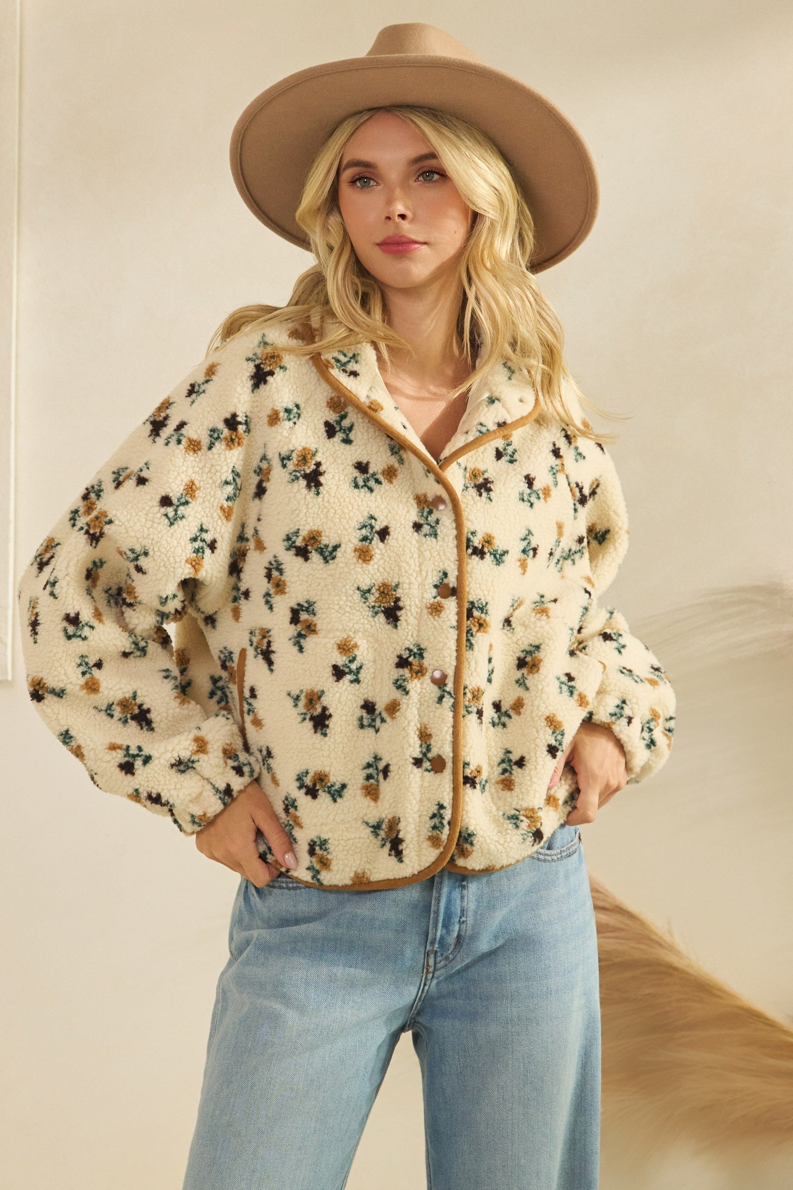  Flora Printed Sherpa Jacket, Brown