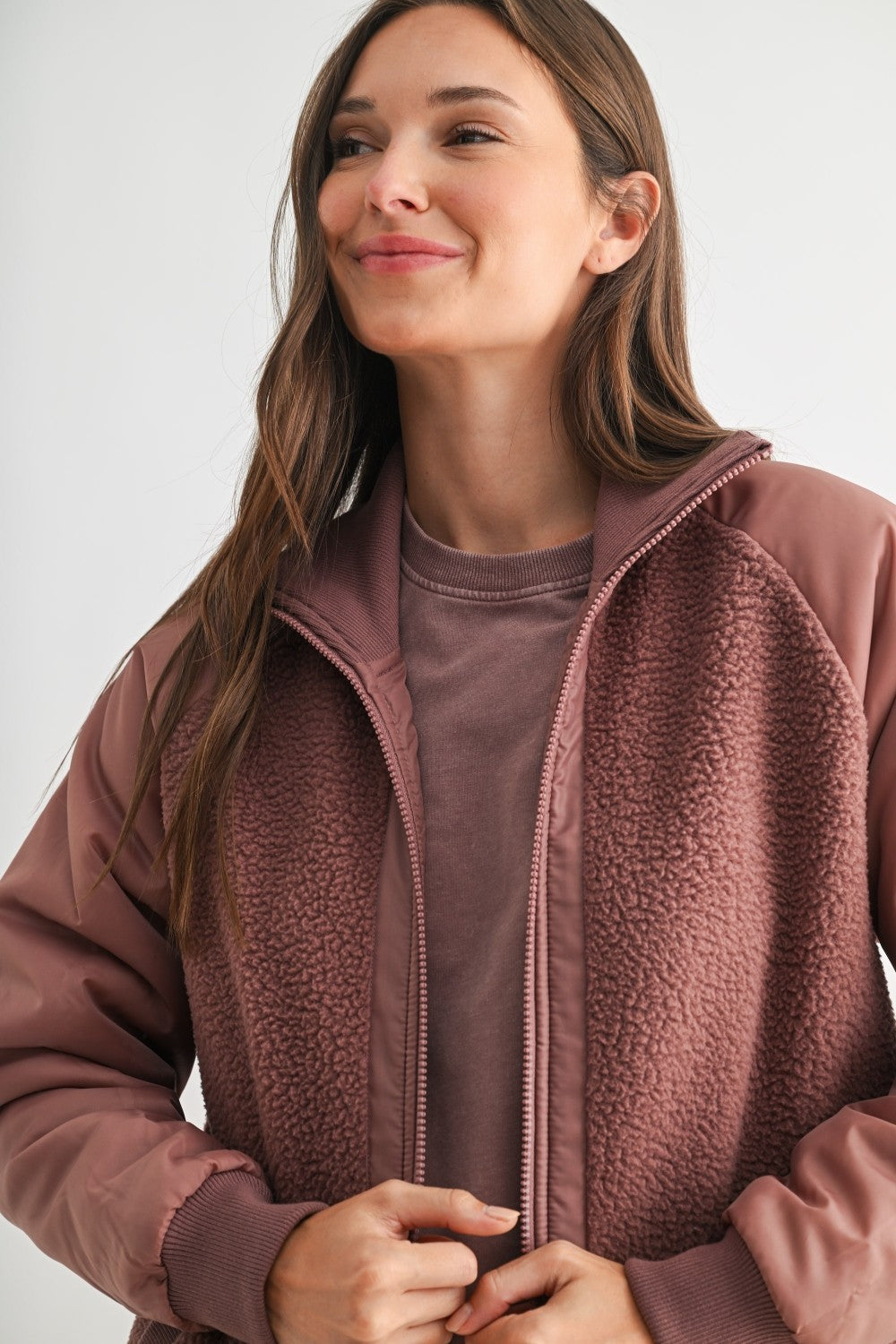  Ruth Fleece Bomber Jacket, Rose Taupe