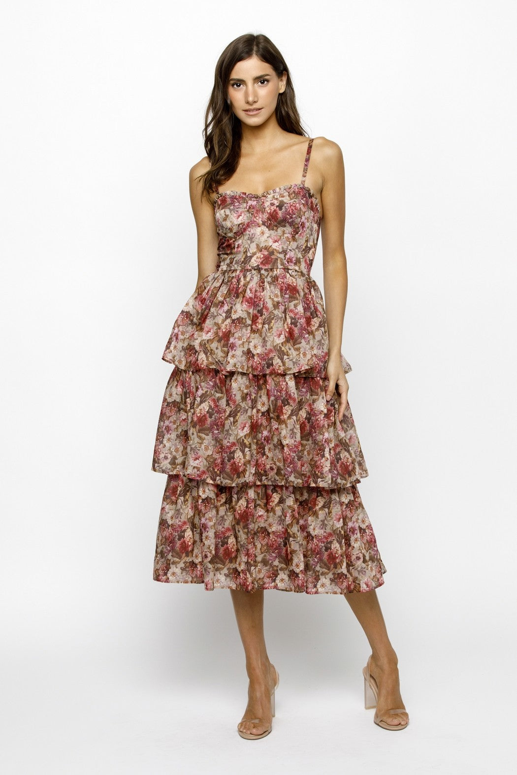  Scottie Tiered Ruffle Dress, Beige/Pink Floral