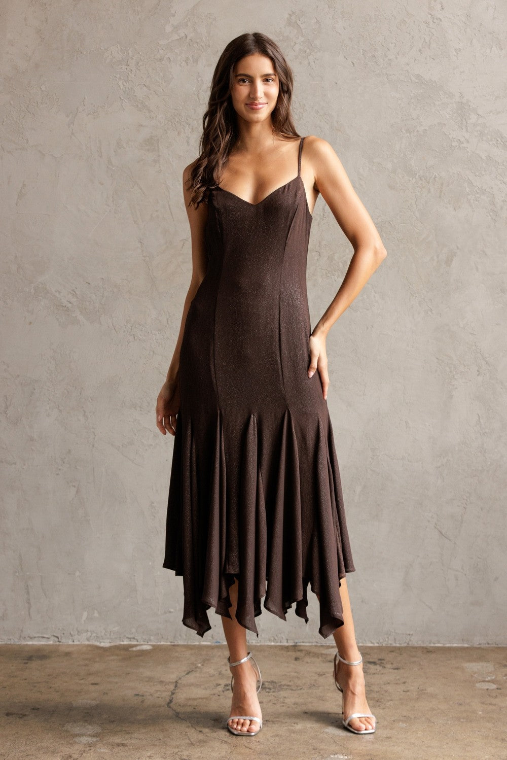  Phoebe Shimmering Asymmetric Hem Dress, Brown