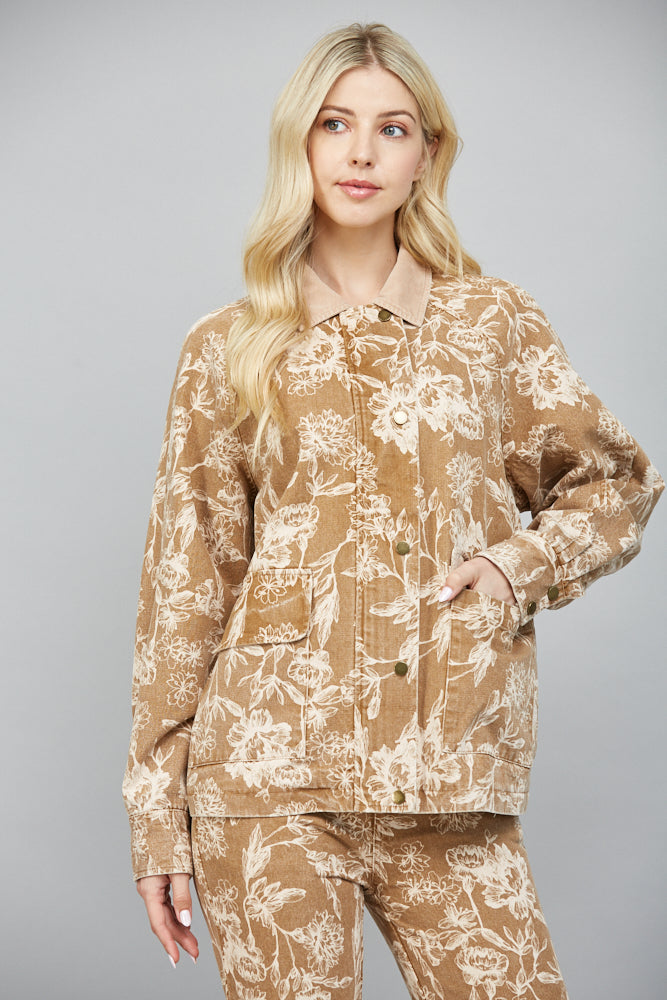  Angelica Corduroy Collared Floral Jacket, Light Brown
