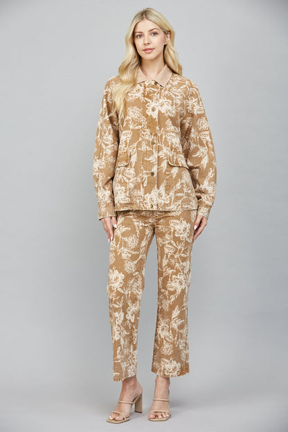  Angelica Corduroy Collared Floral Jacket, Light Brown