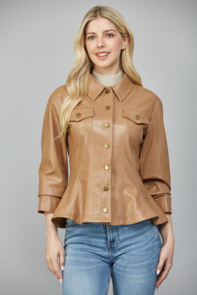  Penelope Faux Leather Peplum Jacket, Camel