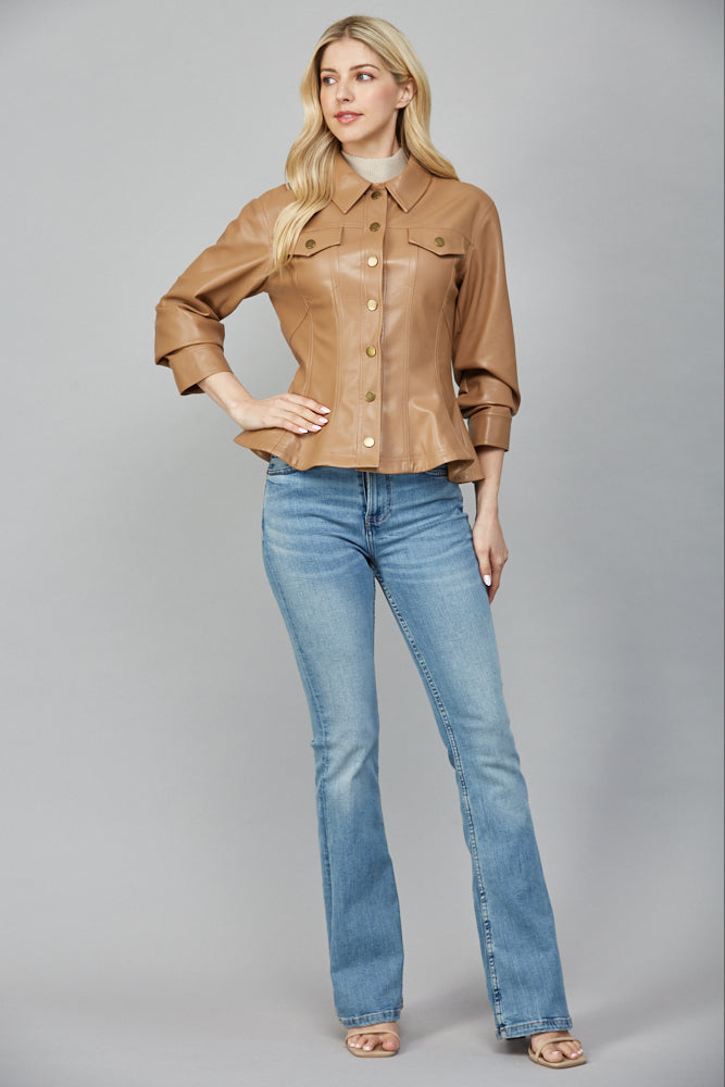  Penelope Faux Leather Peplum Jacket, Camel