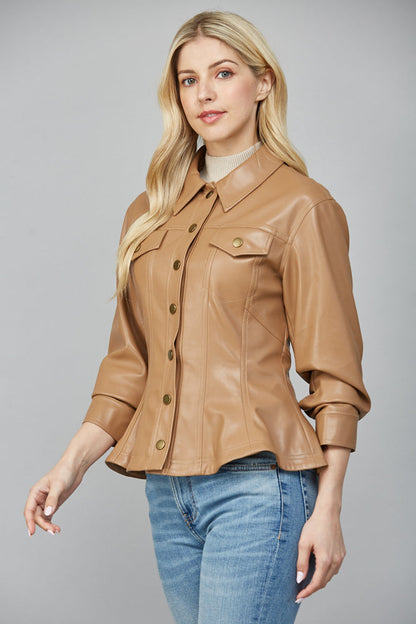  Penelope Faux Leather Peplum Jacket, Camel