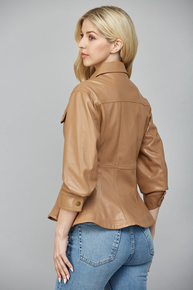  Penelope Faux Leather Peplum Jacket, Camel