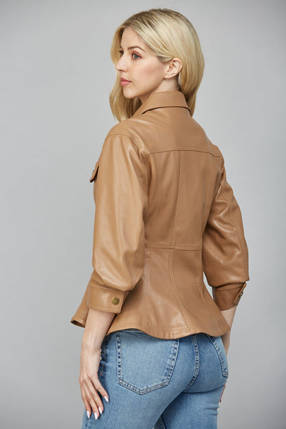  Penelope Faux Leather Peplum Jacket, Camel