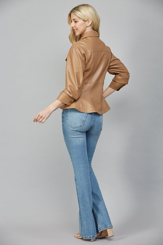  Penelope Faux Leather Peplum Jacket, Camel