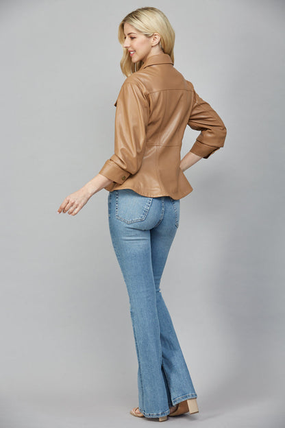  Penelope Faux Leather Peplum Jacket, Camel