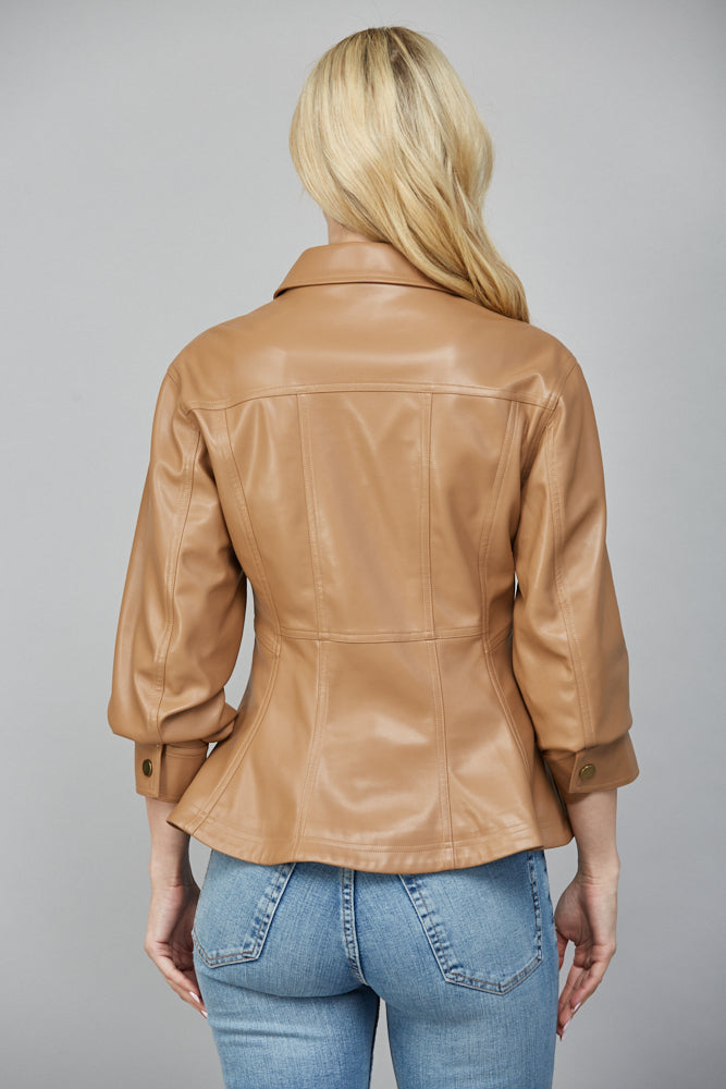  Penelope Faux Leather Peplum Jacket, Camel