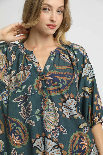  Cecilia Printed Half Sleeve Blouse, Teal
