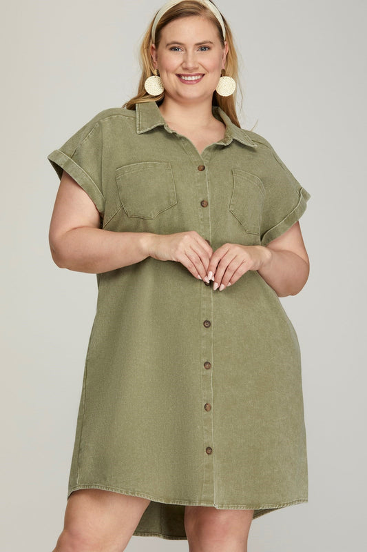  Addison Cuffed Button Down Shirt Dress, Olive | Plus Size