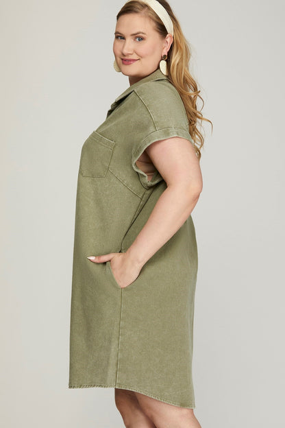  Addison Cuffed Button Down Shirt Dress, Olive | Plus Size