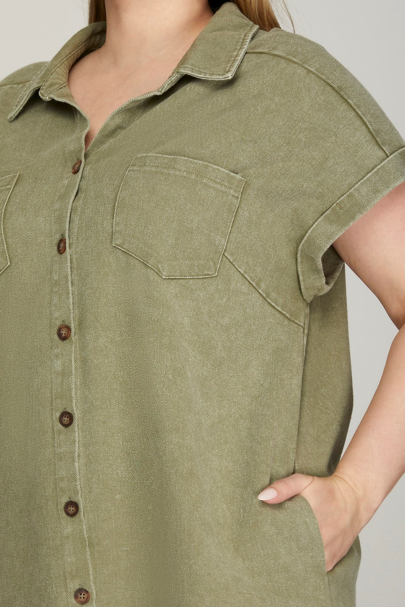 Addison Cuffed Button Down Shirt Dress, Olive | Plus Size