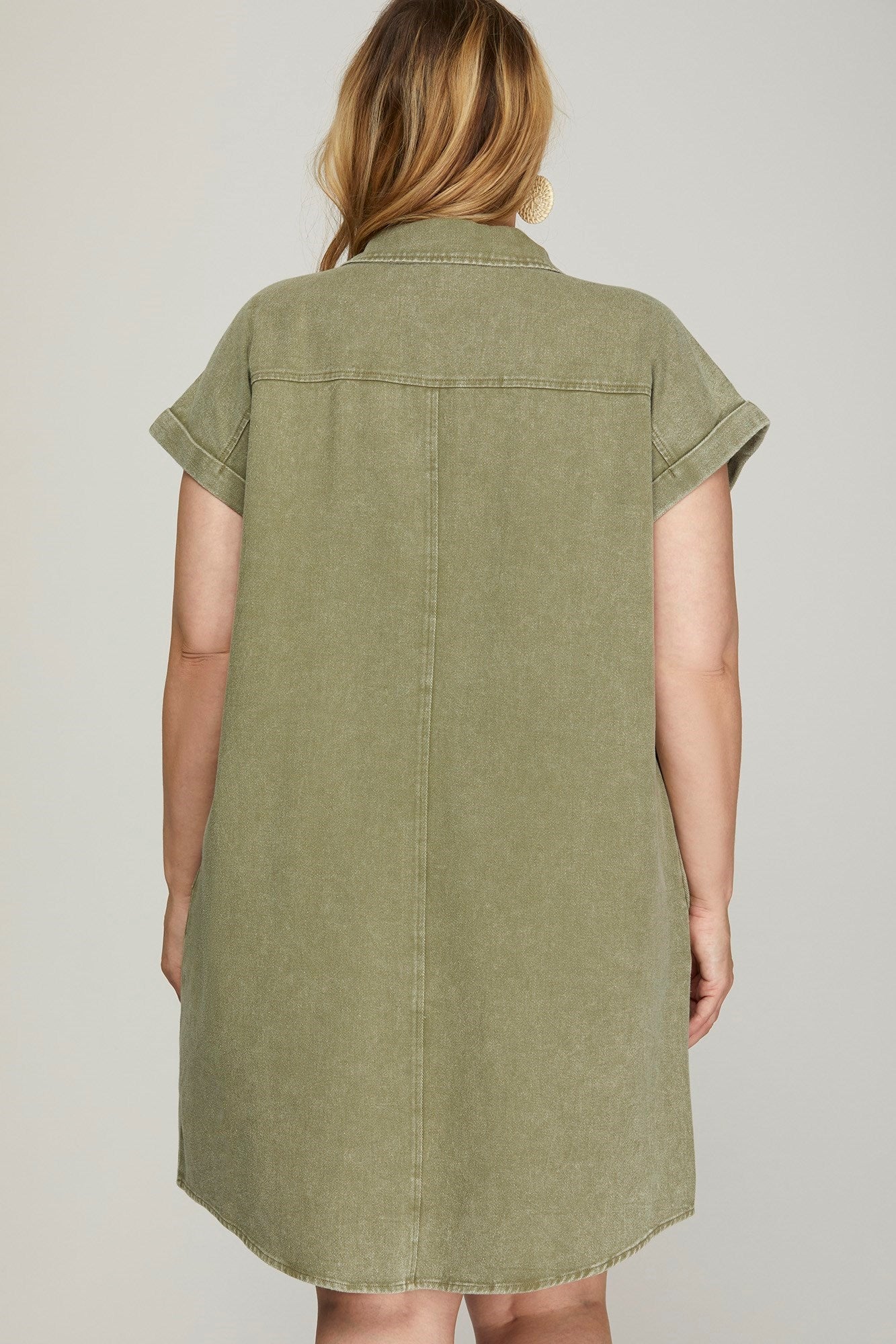  Addison Cuffed Button Down Shirt Dress, Olive | Plus Size