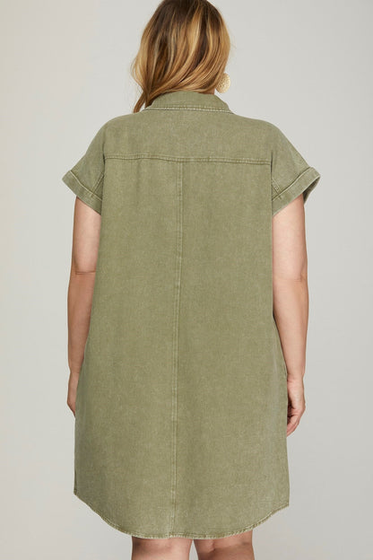  Addison Cuffed Button Down Shirt Dress, Olive | Plus Size