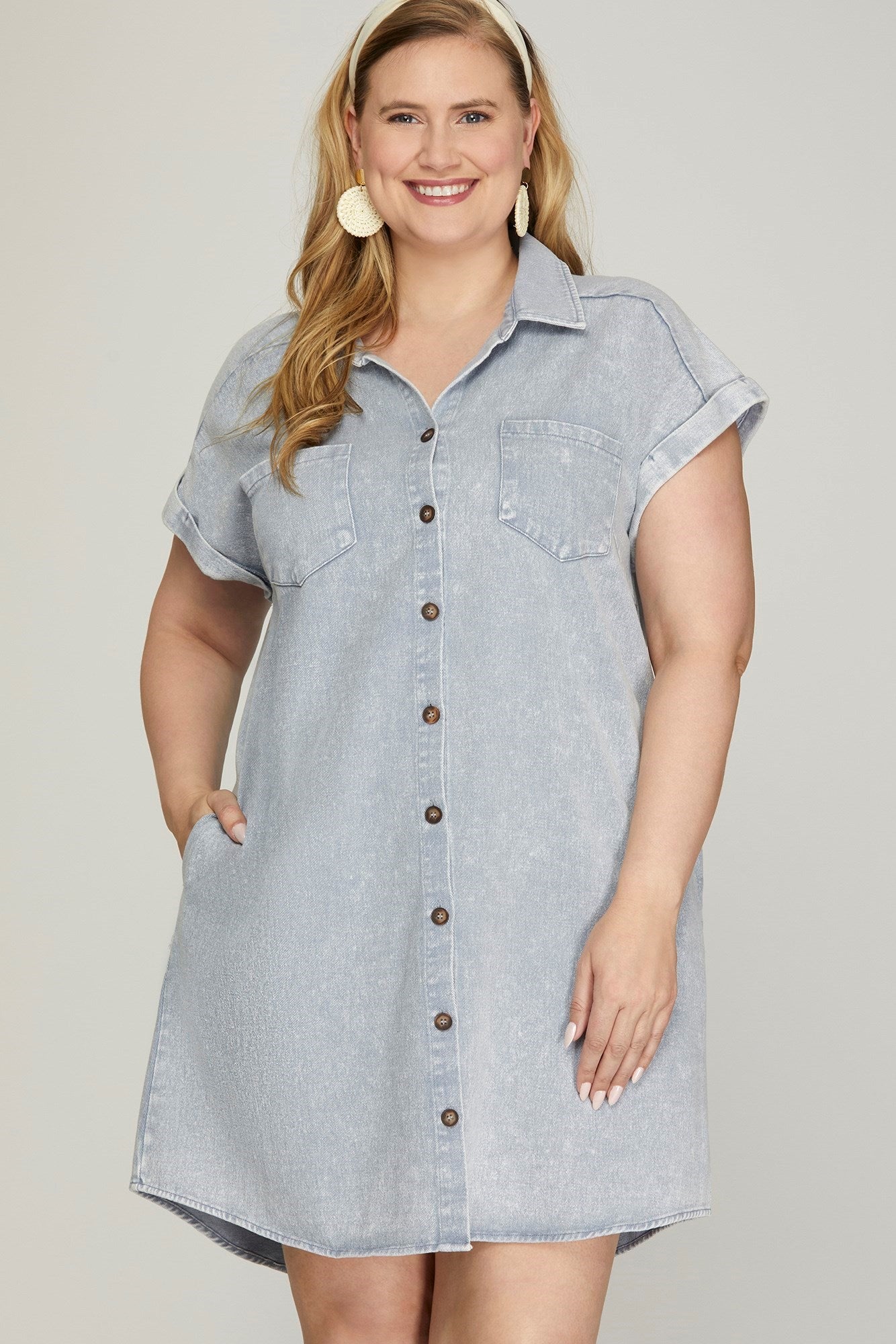  Addison Cuffed Button Down Shirt Dress, Blue Grey | Plus Size