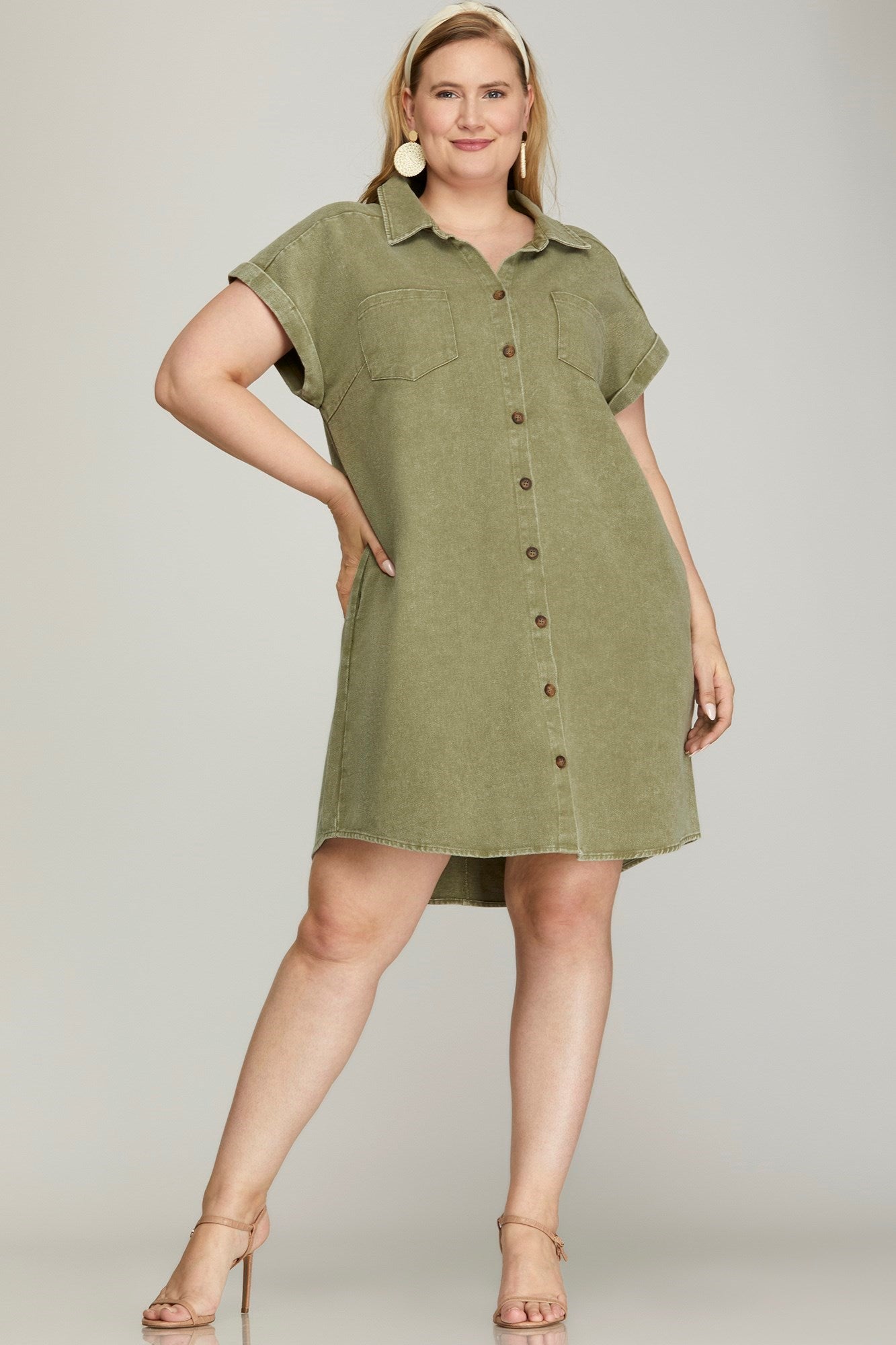  Addison Cuffed Button Down Shirt Dress, Olive | Plus Size