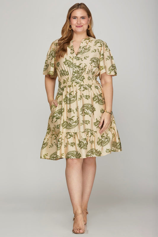  Kara Printed Bell Sleeve Mini Dress, Sage | Extended Sizes