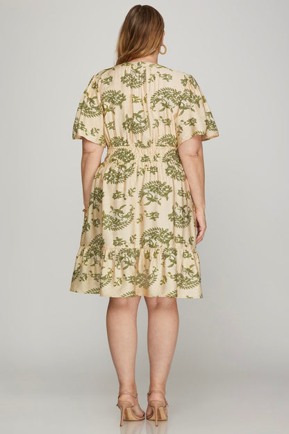  Kara Printed Bell Sleeve Mini Dress, Sage | Extended Sizes
