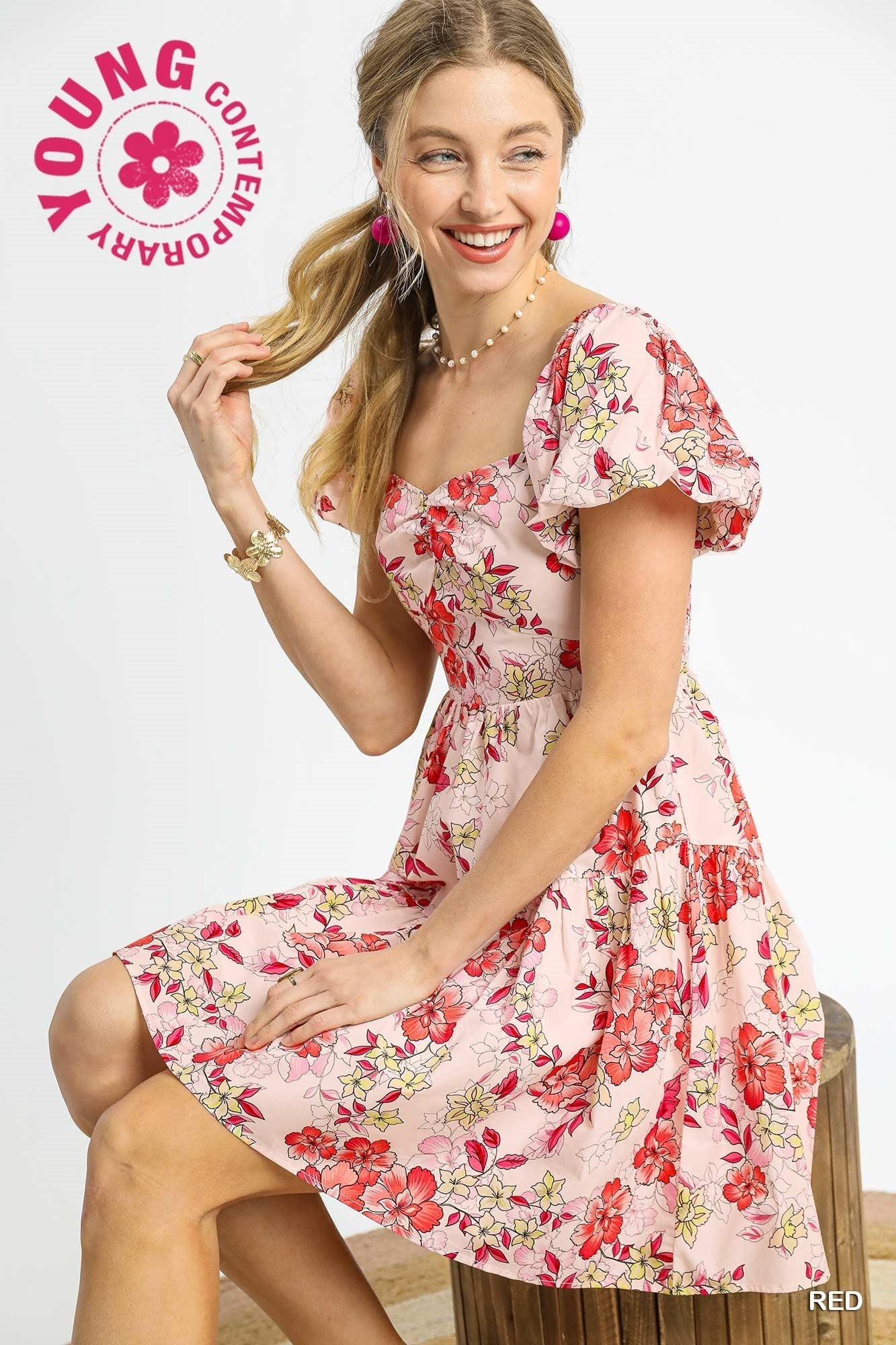  Luisa Floral Puff Sleeve Mini Dress, Red
