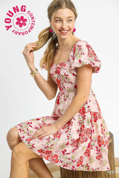  Luisa Floral Puff Sleeve Mini Dress, Red