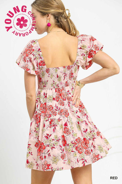  Luisa Floral Puff Sleeve Mini Dress, Red