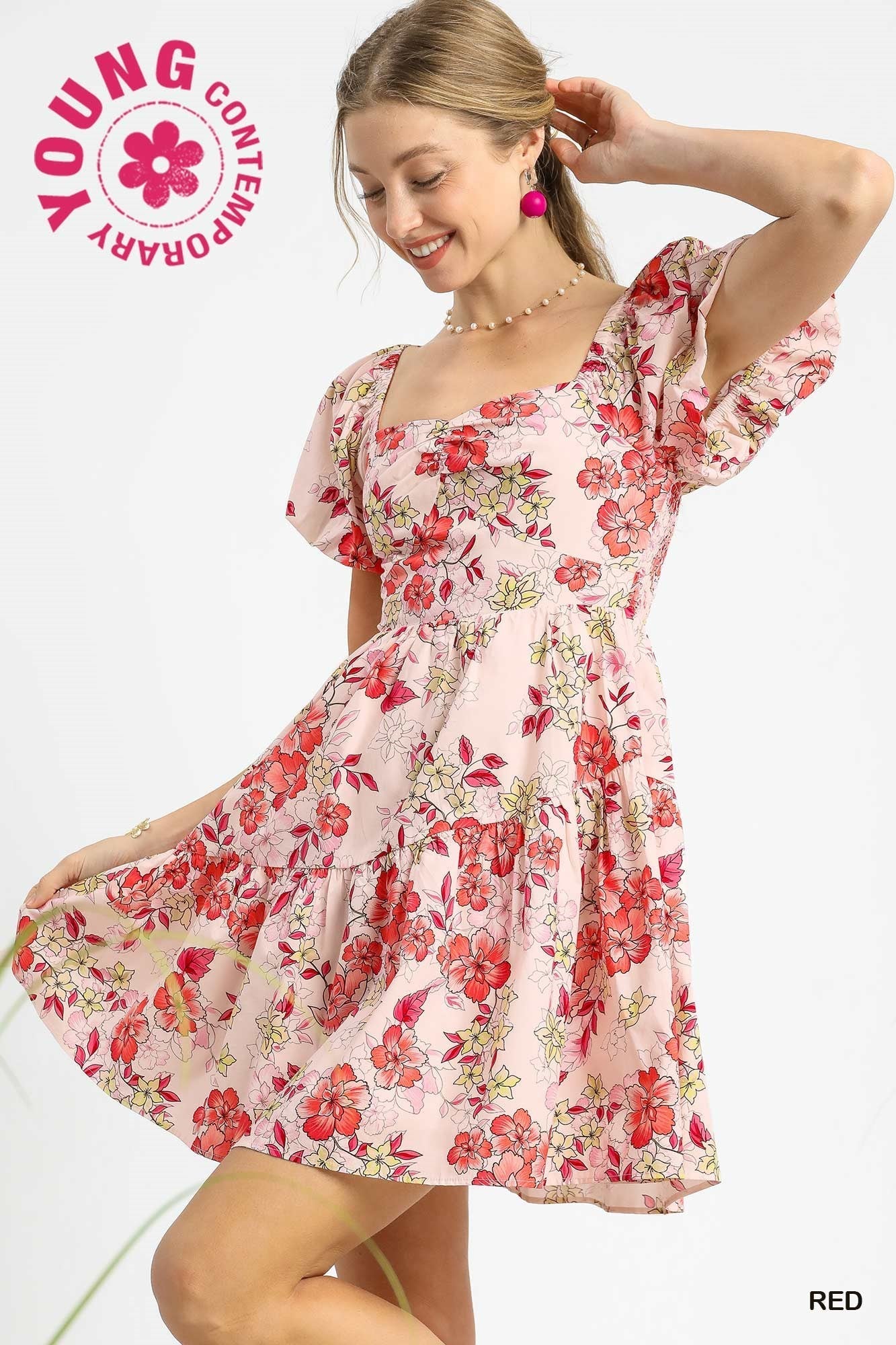  Luisa Floral Puff Sleeve Mini Dress, Red