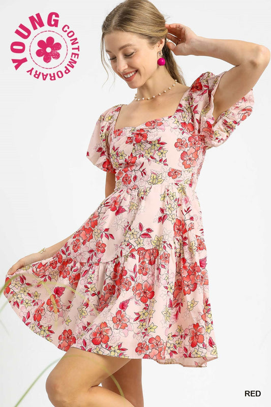  Luisa Floral Puff Sleeve Mini Dress, Red