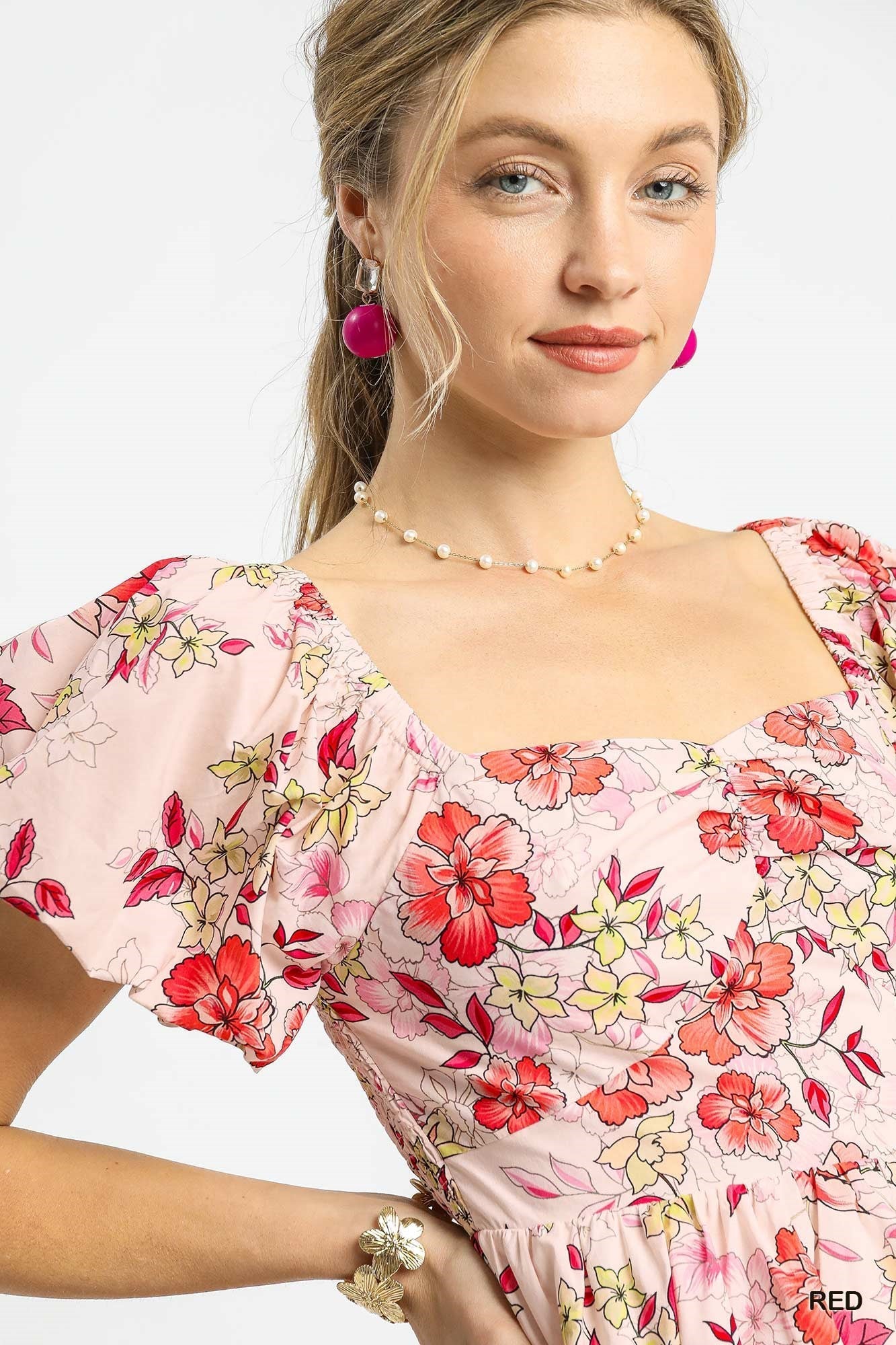  Luisa Floral Puff Sleeve Mini Dress, Red